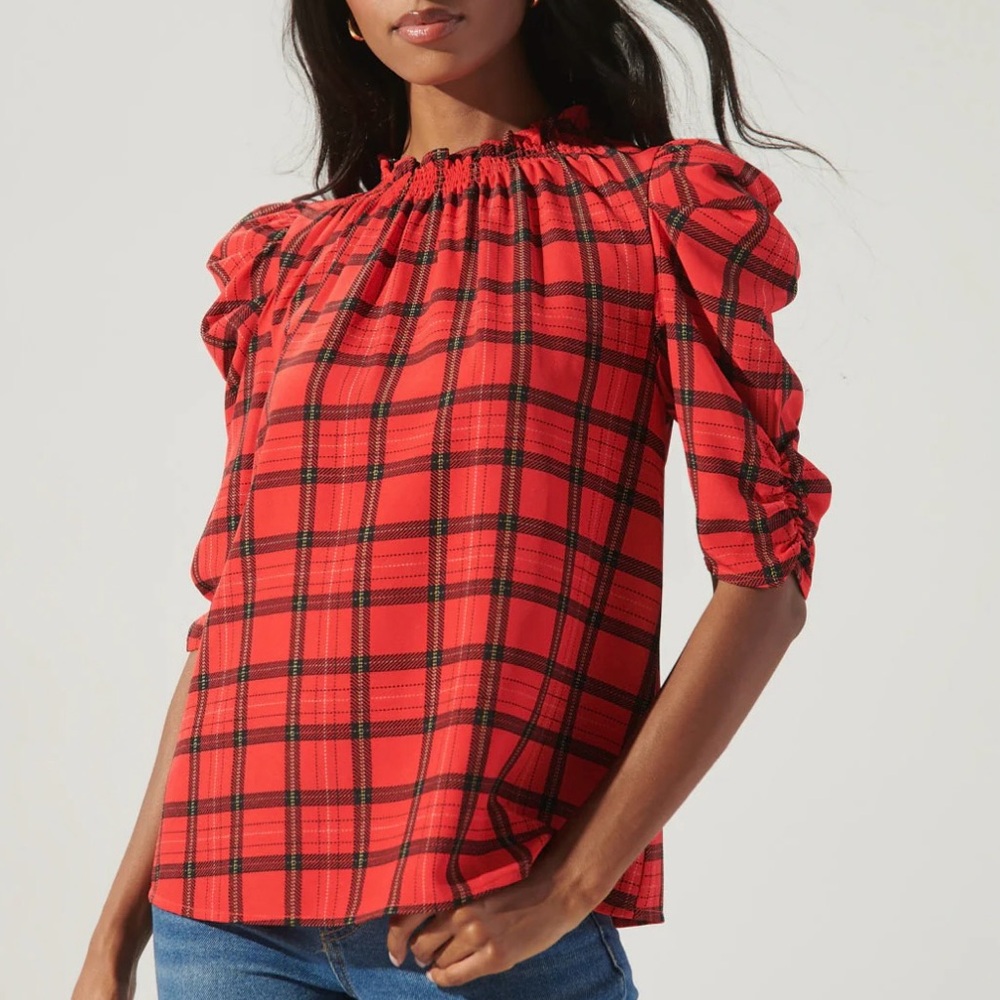 Sugarlips Red Plaid Blouse Puff Ruched Sleeves XL